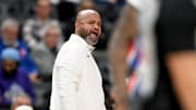 Nov 5, 2025; Detroit, Michigan, USA; Detroit Pistons head coach J.B. Bickerstaff yells instructions to his players during the first quarter of their game agains the Utah Jazz at Little Caesars Arena. Mandatory Credit: Lon Horwedel-Imagn Images