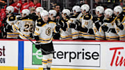 Mar 29, 2025; Detroit, Michigan, USA; Boston Bruins center Morgan Geekie (39) celebrates after scoring a power play goal against the Detroit Red Wings in the second period at Little Caesars Arena. Mandatory Credit: Lon Horwedel-Imagn Images