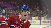 Apr 8, 2025; Montreal, Quebec, CAN; Montreal Canadiens forward Juraj Slafkovsky (20) skates during the warmup period before the game against the Detroit Red Wings at the Bell Centre. Mandatory Credit: Eric Bolte-Imagn Images