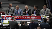 Jul 8, 2022; Montreal, Quebec, CANADA; General view of the Montreal Canadiens table during the second round of the 2022 NHL Draft at the Bell Centre. Montreal Canadiens head coach Martin St-Louis and General Manager Kent Hughes on the left. Mandatory Credit: Eric Bolte-Imagn Images