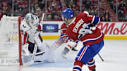 Apr 25, 2025; Montreal, Quebec, CAN; Washington Capitals goalie Logan Thompson (48) makes a save against Montreal Canadiens forward Ivan Demidov (93) during the second period in game three of the first round of the 2025 Stanley Cup Playoffs at the Bell Centre. Mandatory Credit: Eric Bolte-Imagn Images