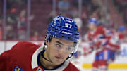 Sep 22, 2025; Montreal, Quebec, CAN; Montreal Canadiens forward Sean Farrell (57) skates during the warmup period before the game against the Pittsburgh Penguins at the Bell Centre. Mandatory Credit: Eric Bolte-Imagn Images