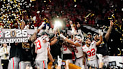 Ohio State Buckeyes celebrate their 34-23 win over Notre Dame Fighting Irish to win the College Football Playoff National Championship at Mercedes-Benz Stadium in Atlanta on January 20, 2025.