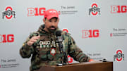 Ohio State head coach Ryan Day speaks to the meeting during a press conference before the start of spring football at the Woody Hayes Athletic Center on March 7, 2025.