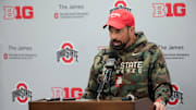 Ohio State head coach Ryan Day speaks to the meeting during a press conference before the start of spring football at the Woody Hayes Athletic Center on March 7, 2025.