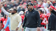Nov 1, 2025; Columbus, Ohio, USA; Ohio State Buckeyes head coach Ryan Day reacts during the third quarter against the Penn State Nittany Lions at Ohio Stadium. Mandatory Credit: Joseph Maiorana-Imagn Images