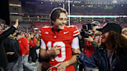 Nov 15, 2025; Columbus, Ohio, USA; Ohio State Buckeyes quarterback Julian Sayin (10) celebrates with fans after the game against the UCLA Bruins at Ohio Stadium. Mandatory Credit: Joseph Maiorana-Imagn Images
