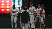 Oklahoma State head coach Josh Holliday approaches the mound to talk to pitcher Ryan Ure (24) during the game against the Texas Longhorns at UFCU Disch–Falk Field on Friday, May. 3, 2024 in Austin.