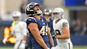 Nov 30, 2025; Inglewood, California, USA; Los Angeles Chargers linebacker Tuli Tuipulotu (45) reacts after a sack against the Las Vegas Raiders during the second half at SoFi Stadium. Mandatory Credit: Jayne Kamin-Oncea-Imagn Images
