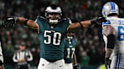 Nov 16, 2025; Philadelphia, Pennsylvania, USA; Philadelphia Eagles linebacker Jaelan Phillips (50) reacts after sacking Detroit Lions quarterback Jared Goff (16) during the first half at Lincoln Financial Field. Mandatory Credit: Eric Hartline-Imagn Images