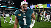 Nov 16, 2025; Philadelphia, Pennsylvania, USA; Philadelphia Eagles quarterback Jalen Hurts (1) reacts after the game against the Detroit Lions at Lincoln Financial Field. 