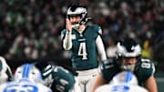 Nov 16, 2025; Philadelphia, Pennsylvania, USA; Philadelphia Eagles place kicker Jake Elliott (4) gets set to kick a field goal against the Detroit Lions during the first half at Lincoln Financial Field. 