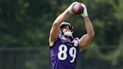 Jun 11, 2025; Baltimore, MD, USA; Baltimore Ravens tight end Mark Andrews (89) makes a catch during an NFL OTA at Under Armour Performance Center. Mandatory Credit: Daniel Kucin Jr.-Imagn Images
