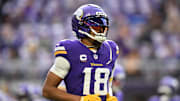 Dec 7, 2025; Minneapolis, Minnesota, USA; Minnesota Vikings wide receiver Justin Jefferson (18) practices before the game at U.S. Bank Stadium. 
