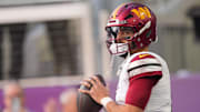 Washington Commanders quarterback Marcus Mariota (8) practices before the game at U.S. Bank Stadium. 