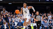 Butler Bulldogs forward Michael Ajayi (5) runs the ball up court during the first half of an NCAA basketball game against the Southern Indiana Screaming Eagles, Wednesday, Nov. 5, 2025, at Hinkle Fieldhouse.
