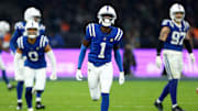 Nov 9, 2025; Berlin, GERMANY; Indianapolis Colts cornerback Sauce Gardner (1) reacts against the Atlanta Falcons during the Berlin Game at Olympic Stadium. 