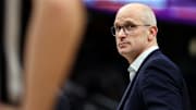 Jan 11, 2025; Washington, District of Columbia, USA; Connecticut Huskies head coach Dan Hurley reacts to a call during the second half against the Georgetown Hoyas at Capital One Arena. Mandatory Credit: Daniel Kucin Jr.-Imagn Images
