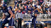 Nov 15, 2025; East Hartford, Connecticut, USA; UConn Huskies quarterback Joe Fagnano (2) throws a pass against the Air Force Falcons in the second half at Pratt & Whitney Stadium at Rentschler Field. Mandatory Credit: David Butler II-Imagn Images