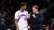 Dec 4, 2025; Brooklyn, New York, USA; Utah Jazz head coach Will Hardy talk with Utah Jazz guard Ace Bailey (19) against the Brooklyn Nets during the third quarter at Barclays Center. Mandatory Credit: Tom Horak-Imagn Images