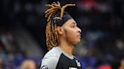 Mar 29, 2025; Washington, District of Columbia, USA; Brooklyn Nets forward Noah Clowney (21) looks on before a game against the Washington Wizards at Capital One Arena. Mandatory Credit: Daniel Kucin Jr.-Imagn Images