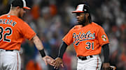 May 13, 2023; Baltimore, Maryland, USA; Baltimore Orioles center fielder Cedric Mullins (31) shakes hands with first baseman Ryan O'Hearn (32) after the final out against Pittsburgh Pirates at Oriole Park at Camden Yards.