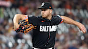 Sep 19, 2025; Baltimore, Maryland, USA; Baltimore Orioles pitcher Trevor Rogers (28) throws during the third inning against the New York Yankees at Oriole Park at Camden Yards. Mandatory Credit: Daniel Kucin Jr.-Imagn Images