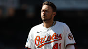 Aug 10, 2025; Baltimore, Maryland, USA; Baltimore Orioles first baseman Ryan Noda (41) looks on during the ninth inning against the Athletics at Oriole Park at Camden Yards. Mandatory Credit: Daniel Kucin Jr.-Imagn Images