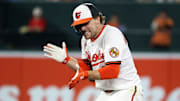 Aug 25, 2025; Baltimore, Maryland, USA; Baltimore Orioles shortstop Gunnar Henderson (2) celebrates after hitting a double during the eighth inning against the Boston Red Sox at Oriole Park at Camden Yards. Mandatory Credit: Daniel Kucin Jr.-Imagn Images