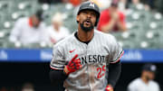 May 14, 2025; Baltimore, Maryland, USA; Minnesota Twins outfielder Byron Buxton (25) celebrates during the fourth inning against the Baltimore Orioles at Oriole Park at Camden Yards.