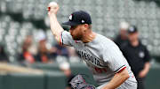 May 14, 2025; Baltimore, Maryland, USA; Minnesota Twins pitcher Brock Stewart (61) throws during the sixth inning against the Baltimore Orioles at Oriole Park at Camden Yards. Mandatory Credit: Daniel Kucin Jr.-Imagn Images