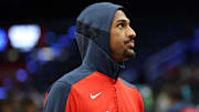 Mar 27, 2025; Washington, District of Columbia, USA; Washington Wizards forward Alex Sarr (20) looks on before a game against the Indiana Pacers at Capital One Arena. Mandatory Credit: Daniel Kucin Jr.-Imagn Images