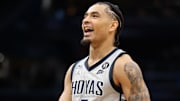 Jan 31, 2025; Washington, District of Columbia, USA; Georgetown Hoyas guard Micah Peavy (5) celebrates during the second half against the Butler Bulldogs at Capital One Arena. Mandatory Credit: Daniel Kucin Jr.-Imagn Images
