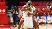 Maryland Terrapins guard Te-Biasu and Poffenbarger celebrate after a game against the Alabama Crimson Tide at Xfinity Center. 