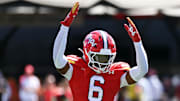 Aug 30, 2025; College Park, Maryland, USA; Maryland Terrapins defensive back Dontay Joyner (6) celebrates during the first half against the Florida Atlantic Owls at SECU Stadium. Mandatory Credit: Daniel Kucin Jr.-Imagn Images