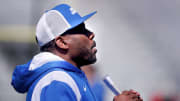 Middle Tennessee head football coach Derek Mason on the sidelines during an MTSU spring football practice on Saturday, March 23, 2024.