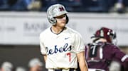 Ole Miss infielder Luke Hill (7) reacts to striking out in the 8th inning against Mississippi State at Swayze Field in Oxford, Miss., on Friday, Apr. 12, 2024.