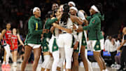 Aug 24, 2025; Washington, District of Columbia, USA; Seattle Storm players celebrate after a game against the Washington Mystics at CareFirst Arena. Mandatory Credit: Daniel Kucin Jr.-Imagn Images