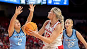 Nebraska forward Jessica Petrie prepares to fire a step-back jumper over Creighton guard Kennedy Townsend.