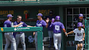 Sam Myers walking back to the dugout against Baylor