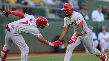 Los Angeles Angels players Luis Rengifo and Jo Adell