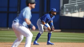 Gabriel Cancel plays second base for the Kansas City Royals in a Spring Training game against the Seattle Mariners.