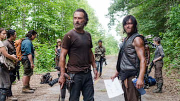 Lauren Cohan as Maggie Greene, Steven Yeun as Glenn Rhee, Josh McDermitt as Dr. Eugene Porter, Christian Serratos as Rosita Espinosa, Andrew Lincoln as Rick Grimes, Sonequa Martin-Green as Sasha, Norman Reedus as Daryl Dixon and Melissa McBride as Carol Peletier - The Walking Dead _ Season 5, Episode 10 - Photo Credit: Gene Page/AMC
