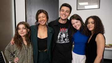 Ginny & Georgia. (L to R) Katie Douglas as Abby Littman, Chelsea Clark as Norah, Felix Mallard as Marcus Baker, Sara Waisglass as Maxine Baker, Antonia Gentry as Ginny at the Ginny & Georgia Season 3 Table Read. Cr. Amanda Matlovich/Netflix © 2024