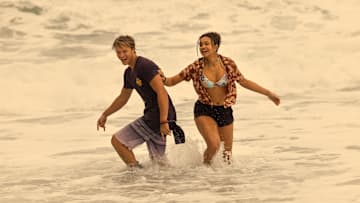 Outer Banks. (L to R) Rudy Pankow as JJ, Madison Bailey as Kiara in episode 403 of Outer Banks. Cr. Jackson Lee Davis/Netflix © 2024