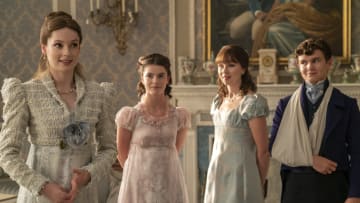 Bridgerton. (L to R) Hannah Dodd as Francesca Bridgerton, Florence Hunt as Hyacinth Bridgerton, Claudia Jessie as Eloise Bridgerton, Will Tilston as Gregory Bridgerton in episode 304 of Bridgerton. Cr. Liam Daniel/Netflix © 2024