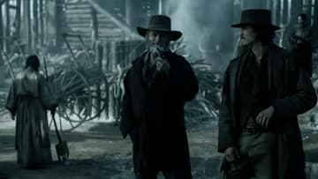 AMERICAN PRIMEVAL. (L to R) Shea Whigham as Jim Bridger and Nick Hargrove as Cottrell in Episode 103 of American Primeval. Cr. Courtesy of Netflix © 2024