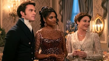 Bridgerton. (L to R) Jonathan Bailey as Anthony Bridgerton, Simone Ashley as Kate Sharma, Ruth Gemmell as Lady Violet Bridgerton in episode 305 of Bridgerton. Cr. Liam Daniel/Netflix © 2024
