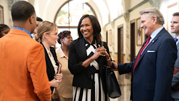 (L to R) Dyon Brooks as Basil Henderson, Terri J. Vaughn as Antoinette Dunkerson, Robert Craighead as Governor Irwin Harper, and Kevin Thoms as Jed Bonds in episode 102 of She The People