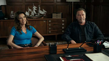 Fubar. (L to R) Fabiana Udenio as Tally Brunner, Arnold Schwarzenegger as Luke Brunner in episode 201 of Fubar. Cr. Christos Kalohoridis/Netflix © 2025